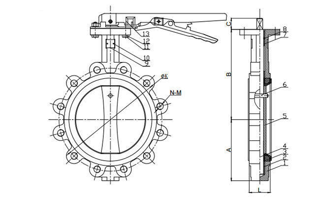 PTFE Lined Lug Style Butterfly Valve drawing