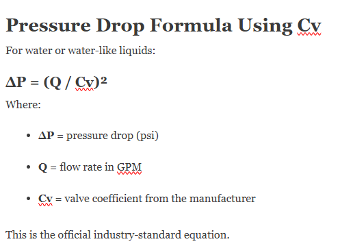 calculate pressure drop across valve using cv